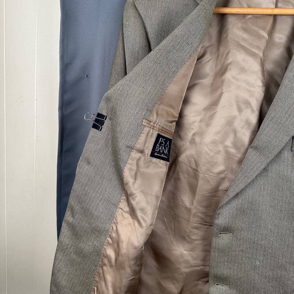 Jos. A. Bank Signature Collection 46R Blazer Tan Grey Herringbone Sport Coat - Picture 10 of 12